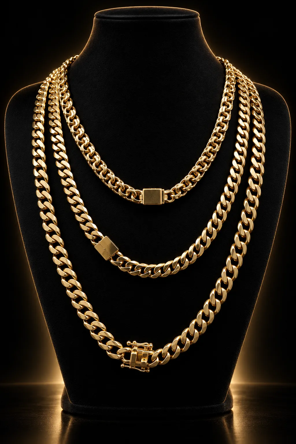 Tres cadenas cubanas de oro de 10 quilates sobre un busto de terciopelo negro