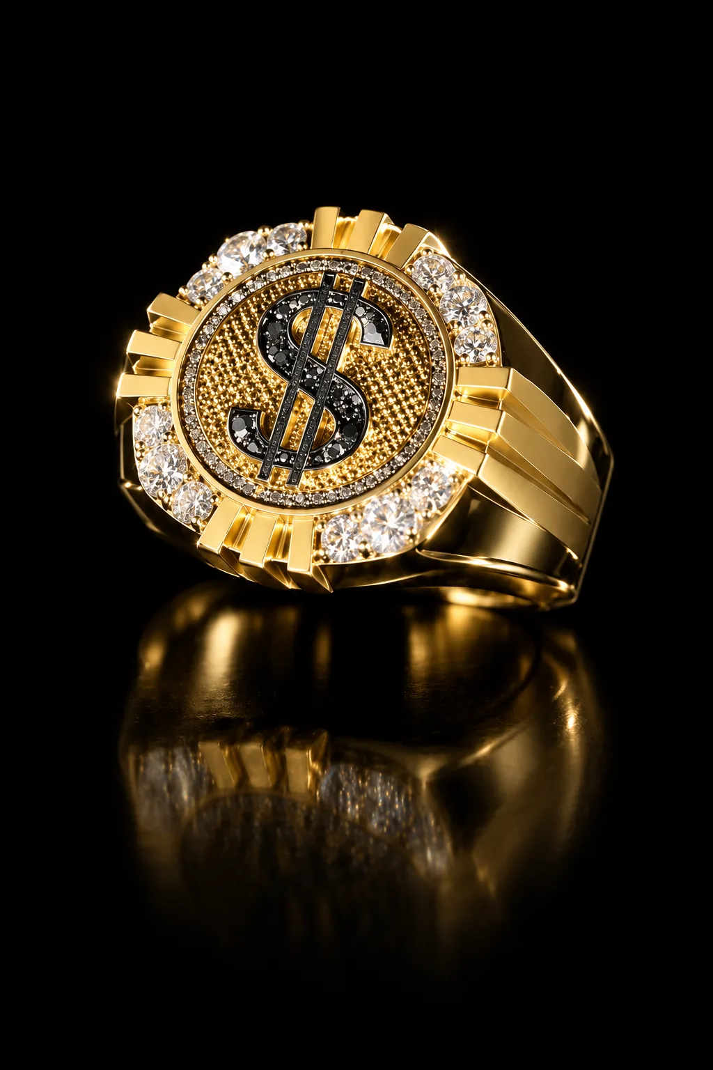 Anillo de oro con signo de dólar y halo de piedras