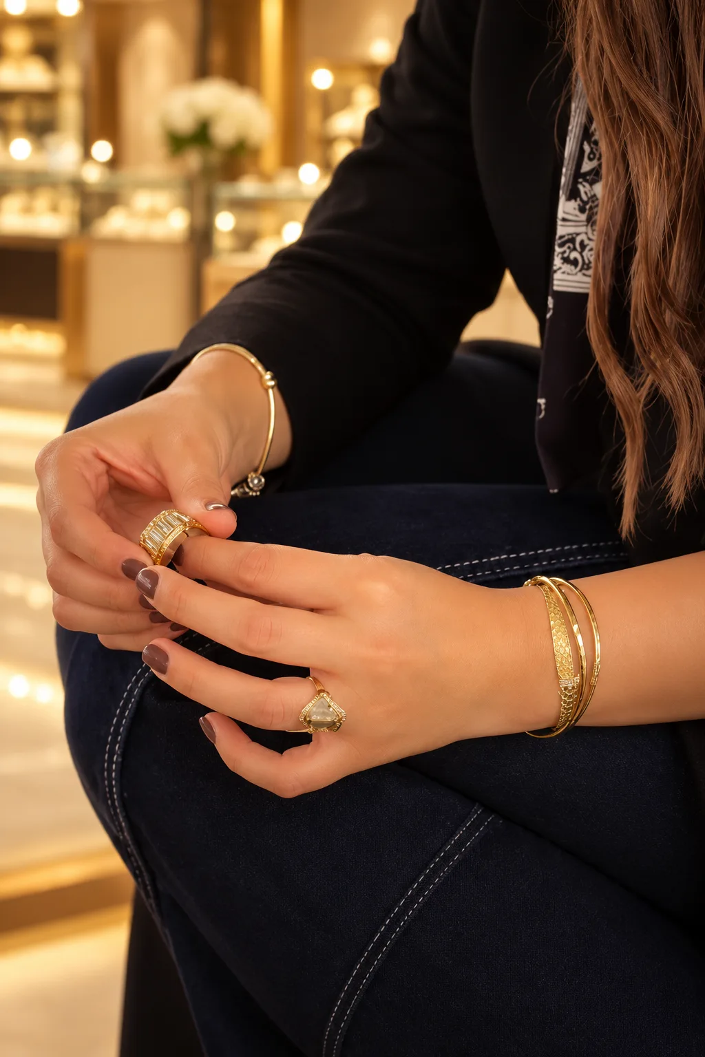 Clienta probándose anillos y esclavas de oro